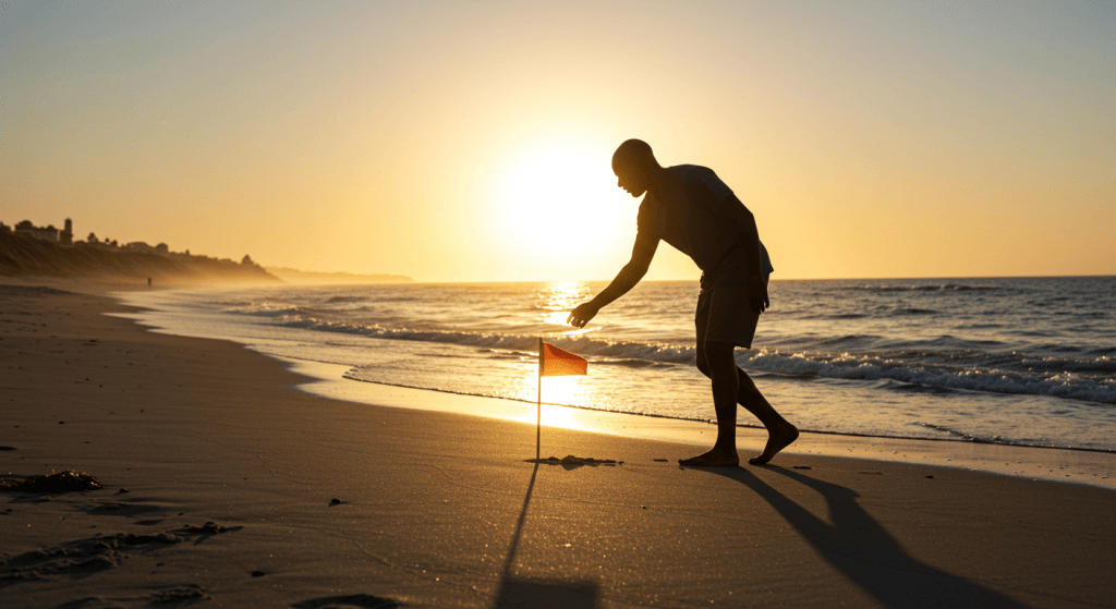 Small flag gently placed in sand symbolizing resolution and emotional release.