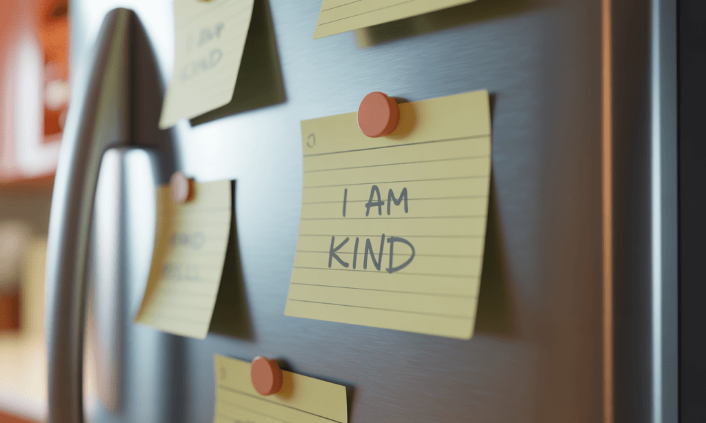 Handwritten affirmations for marriage on sticky notes, displayed on a mirror as daily reminders of new self-talk.