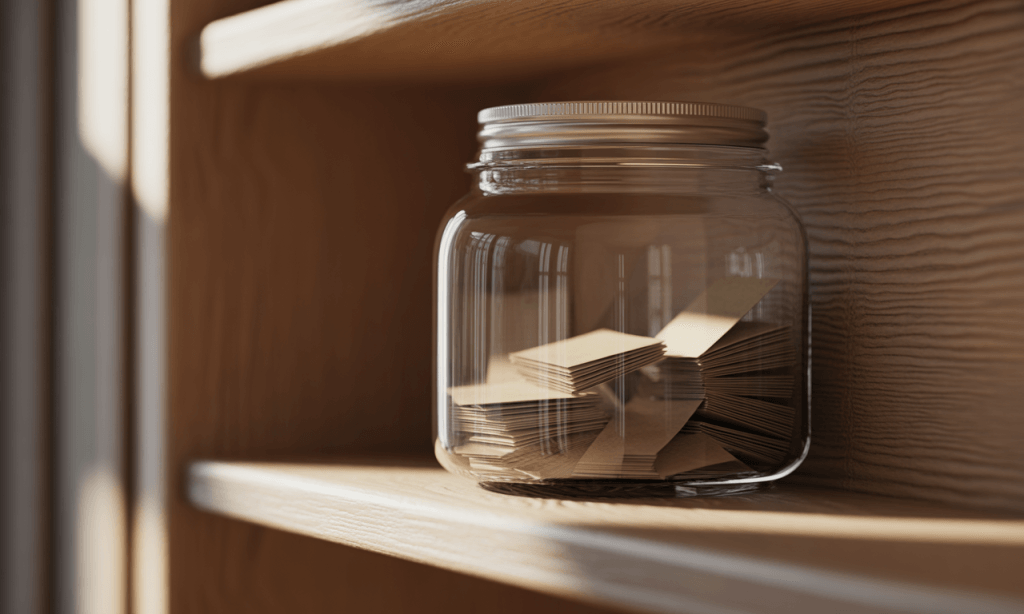 Glass jar gradually filling with small tokens, representing Stacking Small Wins as tiny signs of growth.