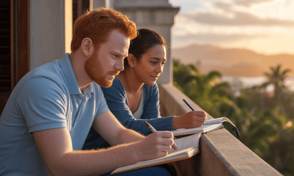 Couple writing gratitude reflections representing daily rehearsal of perspective.