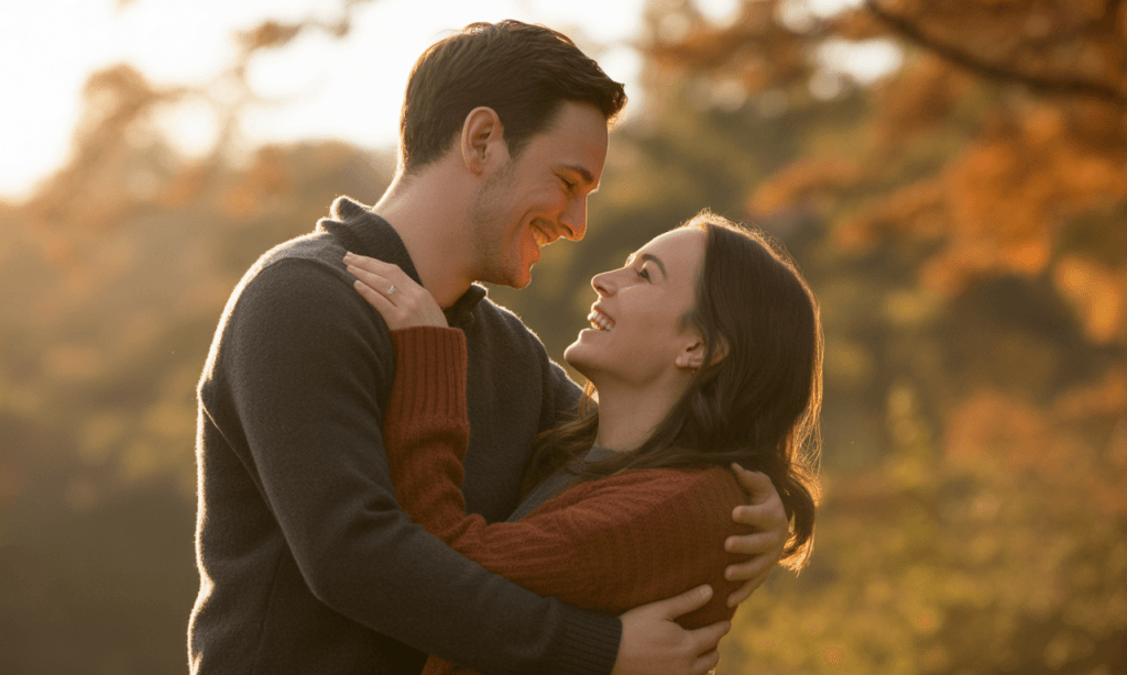 Married couple rebuilding emotional trust through shared laughter and closeness.