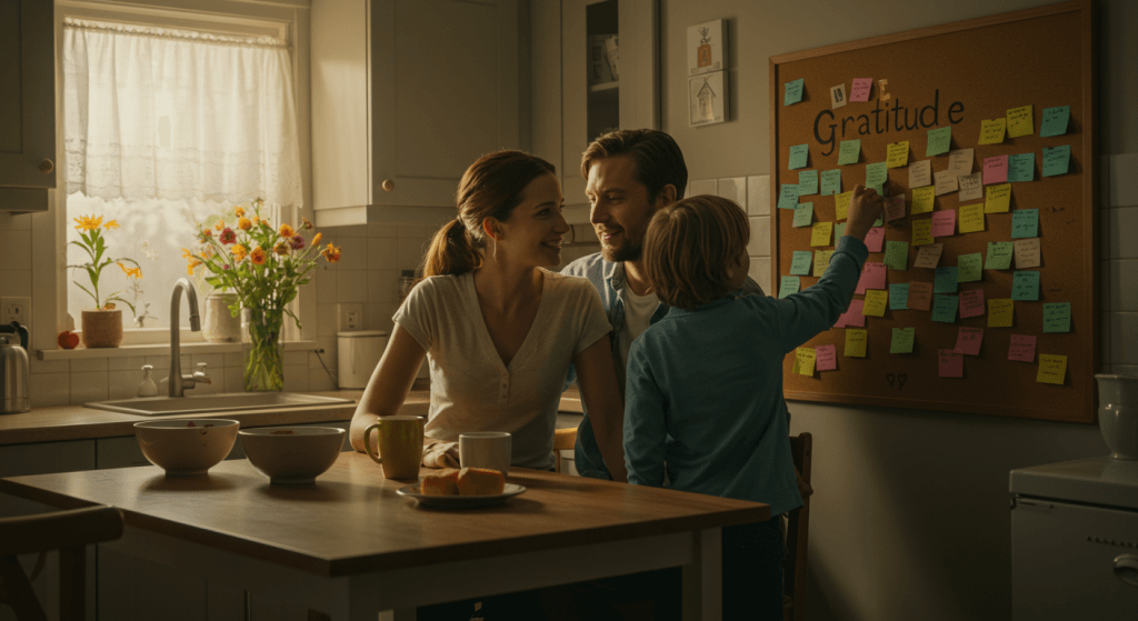 Parents and children adding notes to a family gratitude board in the kitchen, modeling thankfulness in marriage and home life.