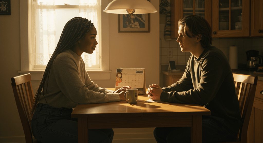 Couple reviewing calendar together, setting realistic expectations during a waiting period