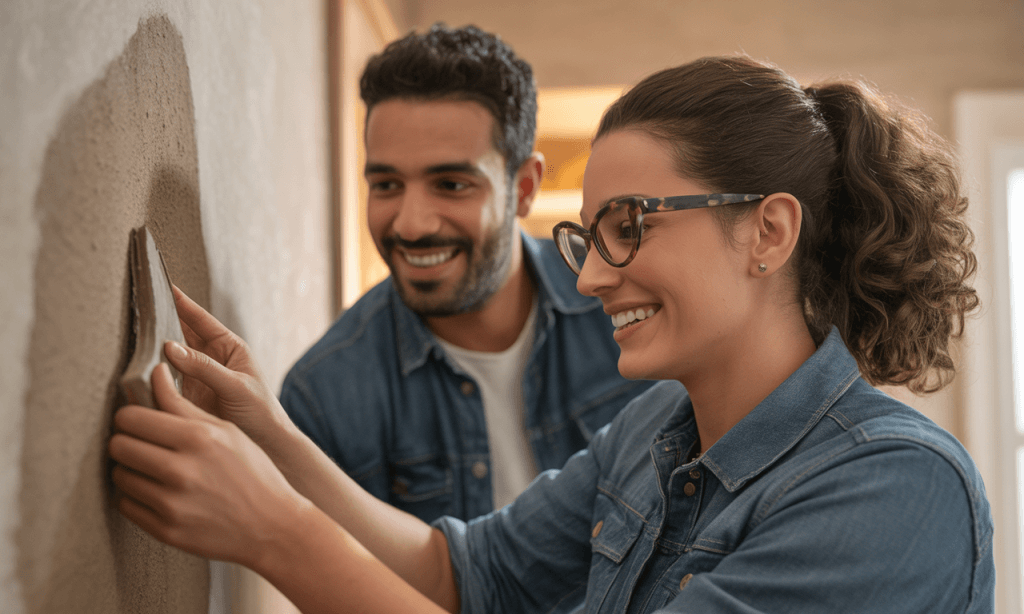 Couple repairing a wall symbolizing proactive maintenance in marriage.