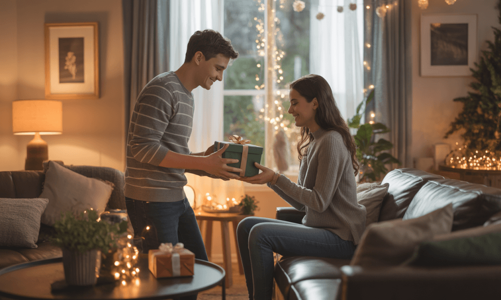 Couple giving gifts symbolizing shared expression of appreciation.