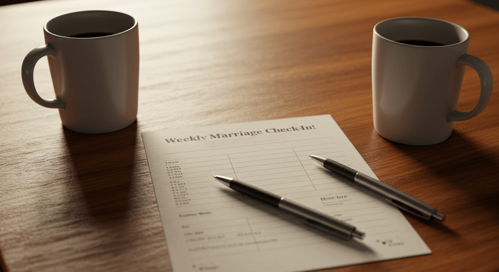 Simple weekly marriage check-in worksheet used by a couple during their 20-minute meeting
