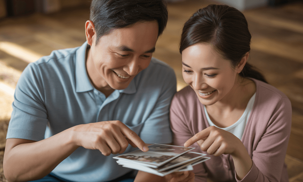 Married couple looking back through old photos on an ordinary day, reflecting on their story with a holiday gratitude, everyday marriage mindset.