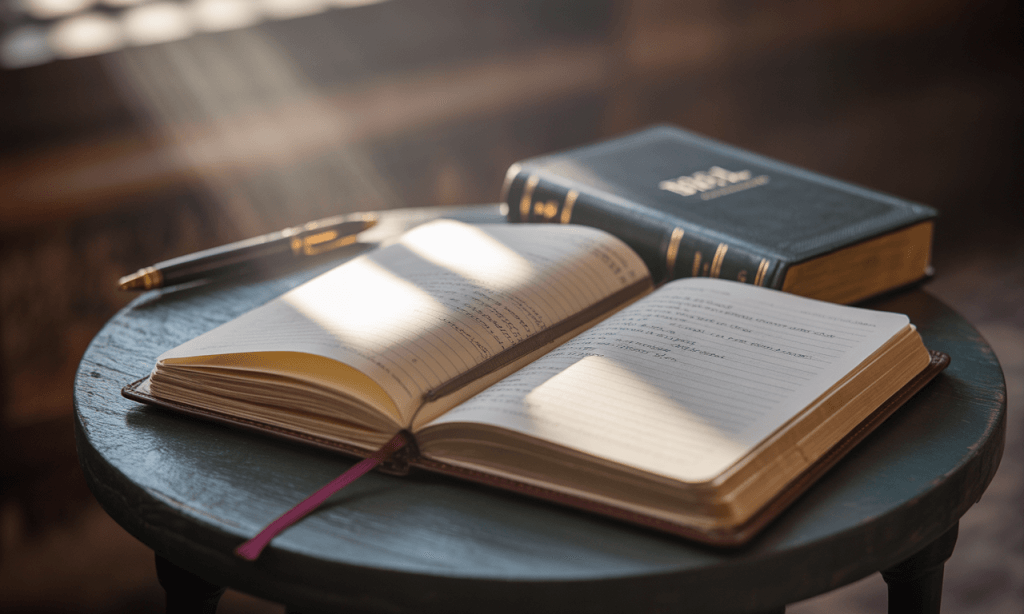 Journal and Bible on a table with short handwritten affirmations for marriage, symbolizing renewing self-talk through written truths.