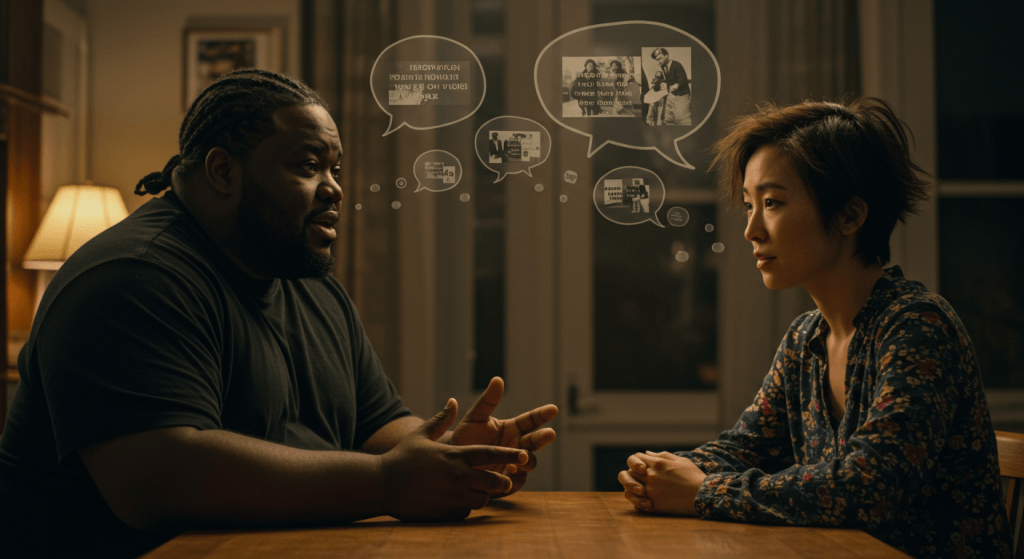 Couple mishearing each other through emotional filters shaped by past pain.