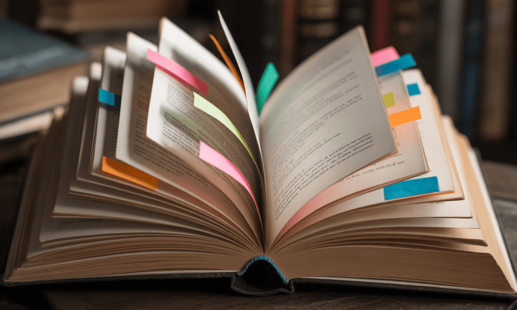 Sticky flags on book pages symbolizing early communication of small issues before they grow.