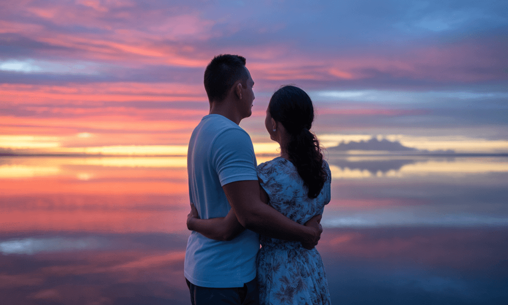 Married couple standing arm in arm watching sunrise, representing hope and renewal after a long wait