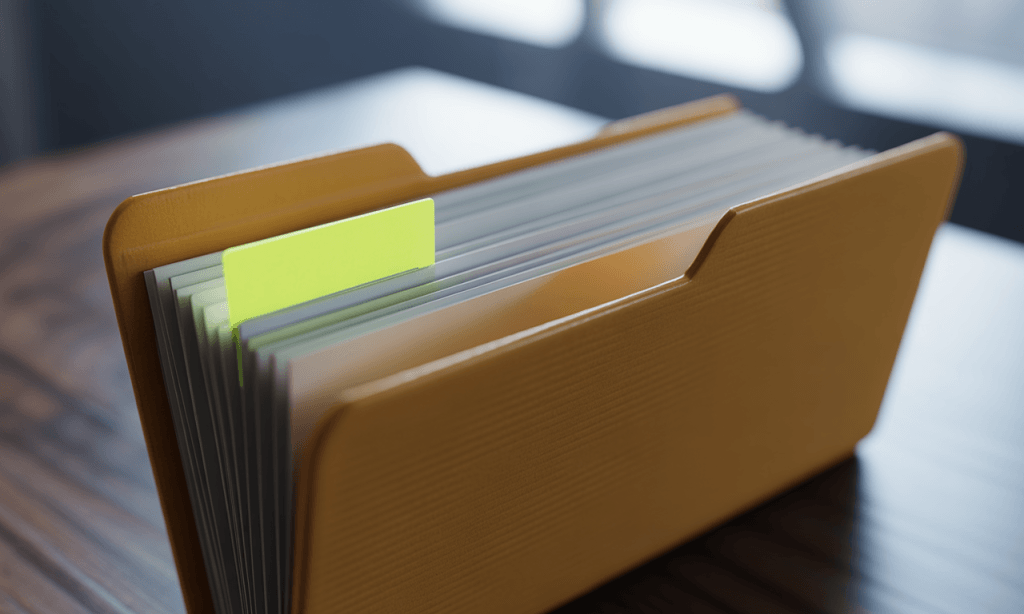 File folder with small flag marker symbolizing addressing one issue at a time instead of storing emotional files.