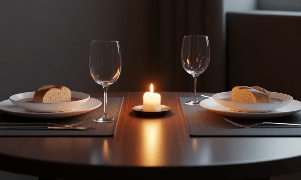 Simple dinner table set for two on a normal night, symbolizing bringing holiday gratitude into everyday marriage.