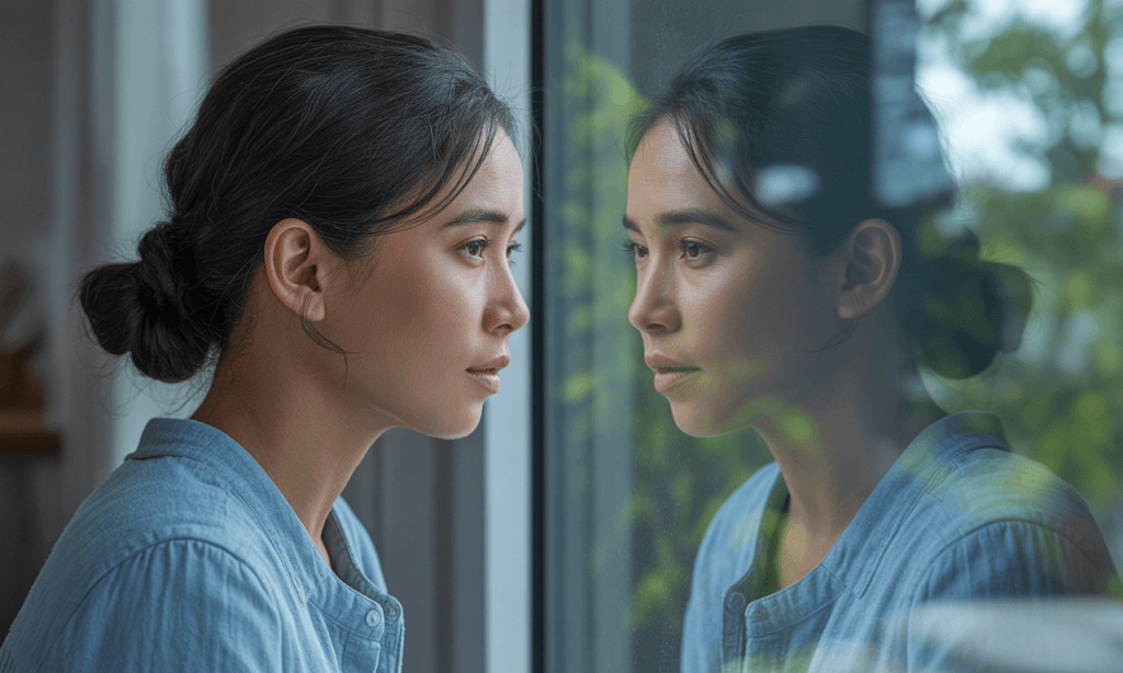 Individual looking at their reflection in a window, representing the inner narrative shaping marriage experiences.