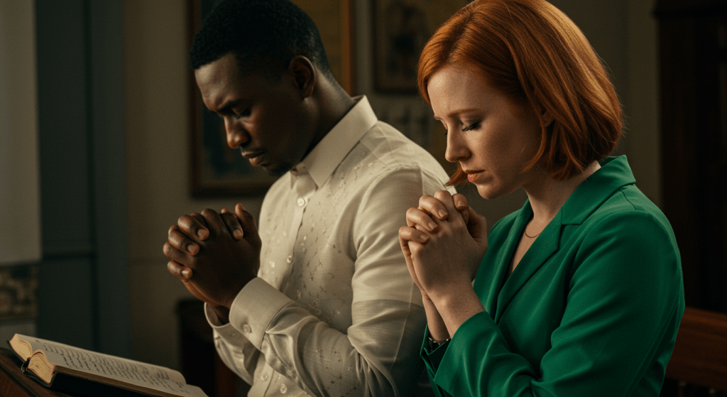 Husband and wife praying together on a couch, inviting God into their healing process after hurt