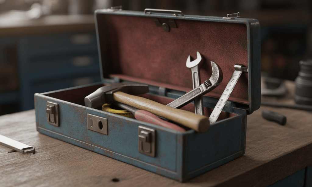 Sparse toolbox symbolizing how couples enter marriage without all the tools they need but can add them over time.