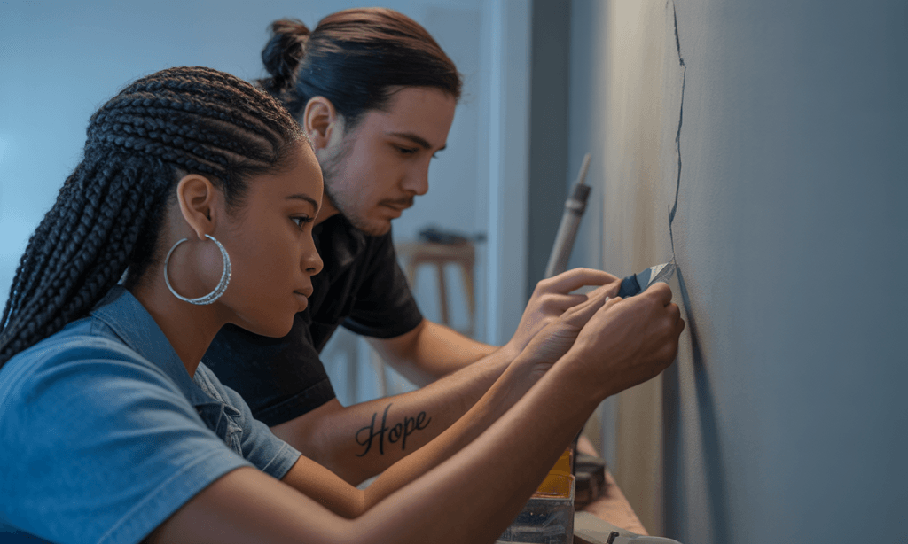 Couple fixing a crack in a wall to represent repairing connection before it breaks.