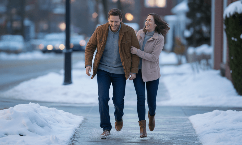 Married couple laughing together after slipping on icy ground, symbolizing humor in tough moments.