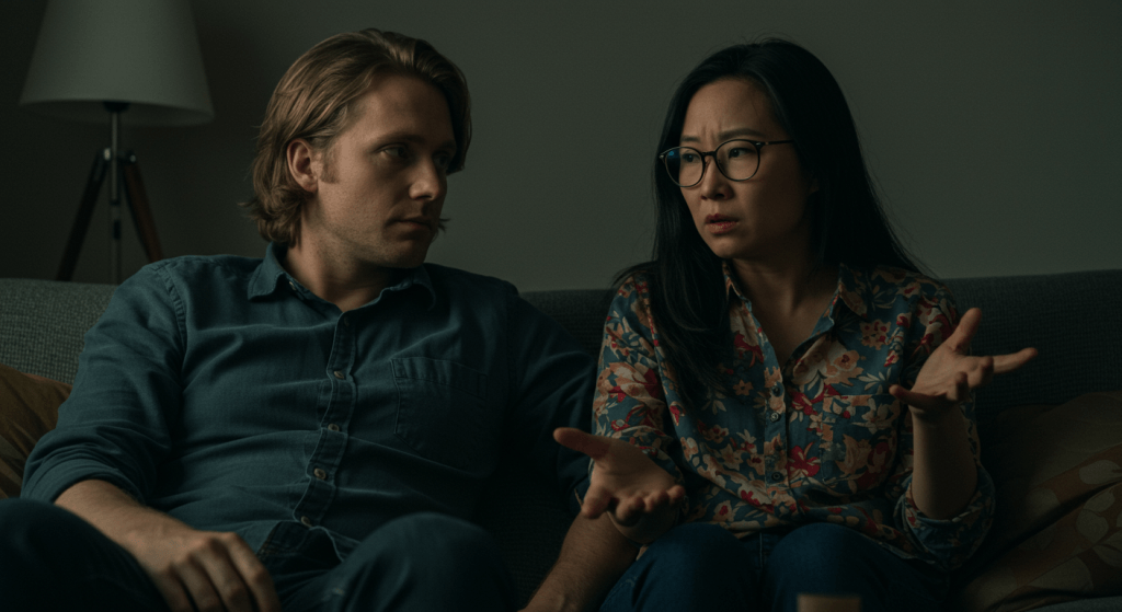 Frustrated husband and wife sitting apart on a couch, showing how impatience creates distance in marriage