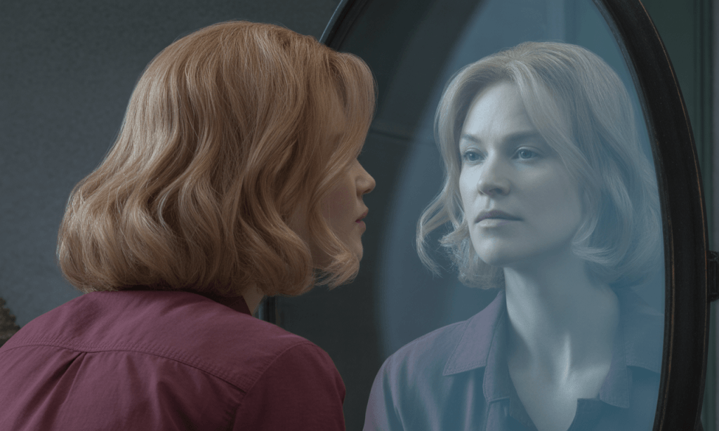 Person looking into a mirror representing transformation from victim identity to empowered self.
