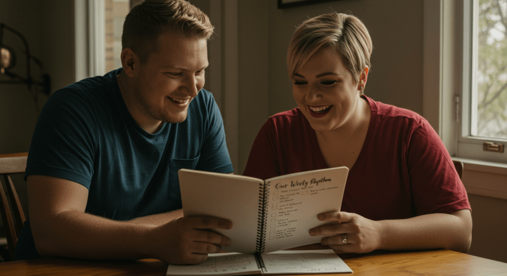 Planner and free spirit spouses happily reviewing a shared weekly rhythm they designed together
