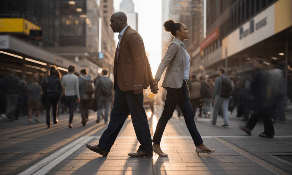 Couple representing emotional misalignment and tension.