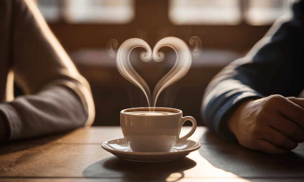 Warm coffee steam forming heart symbolizing emotional safety and comfort after conflict.
