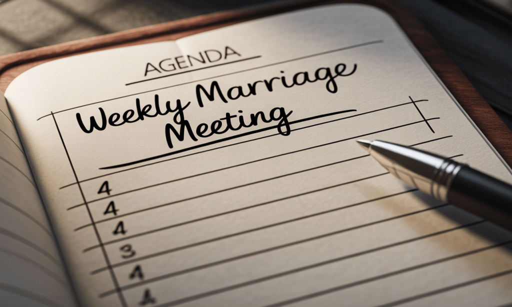Simple written agenda that calms the planner spouse during a weekly marriage meeting