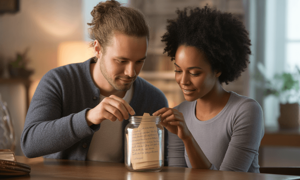 Couple filling a gratitude jar symbolizing consistent thankfulness.