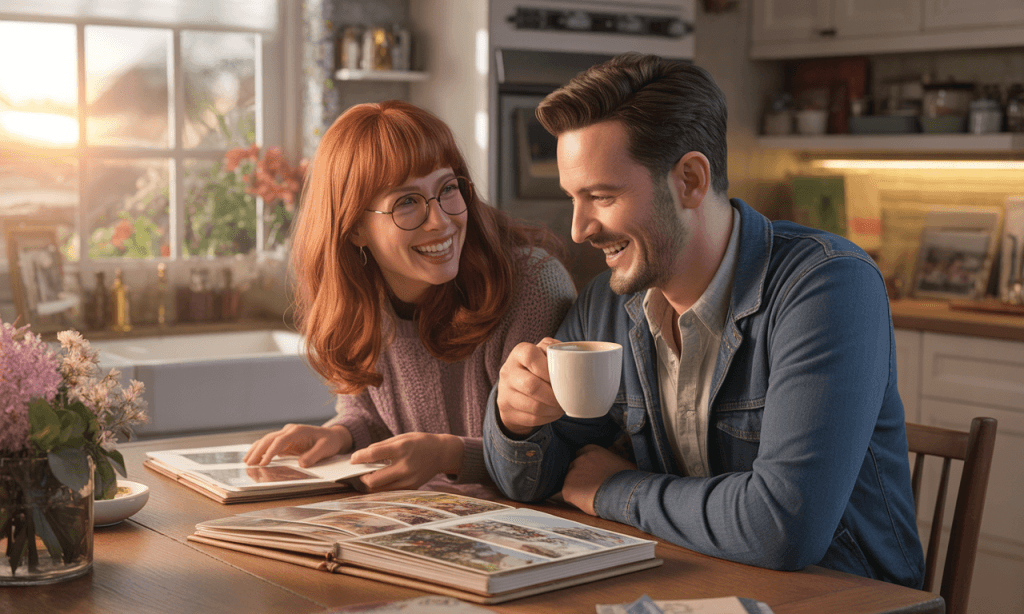 Married partners making laughter reflection part of their weekend routine.