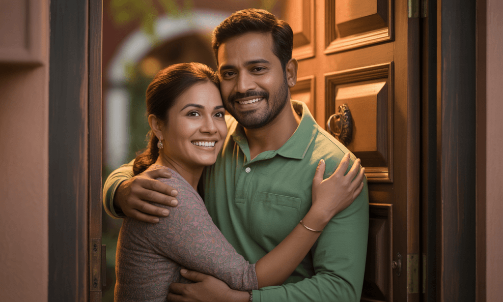Couple joyfully reconnecting after returning from a hard season together.