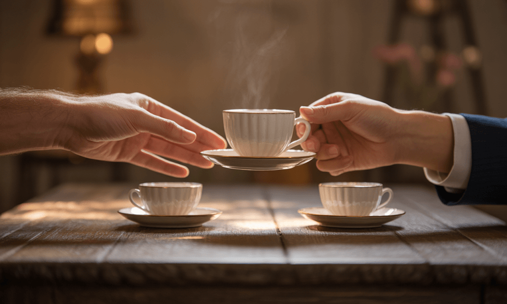 One spouse handing a warm mug to the other, symbolizing small acts of care and gratitude in an unfair season.