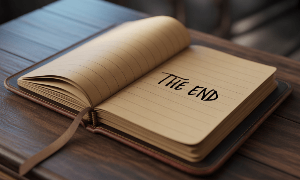 Journal showing “The End” symbolizing emotional closure and the decision to stop replaying past arguments