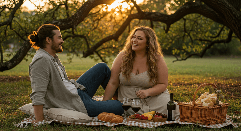 Couple relaxing under a tree showing rest as an intentional choice.