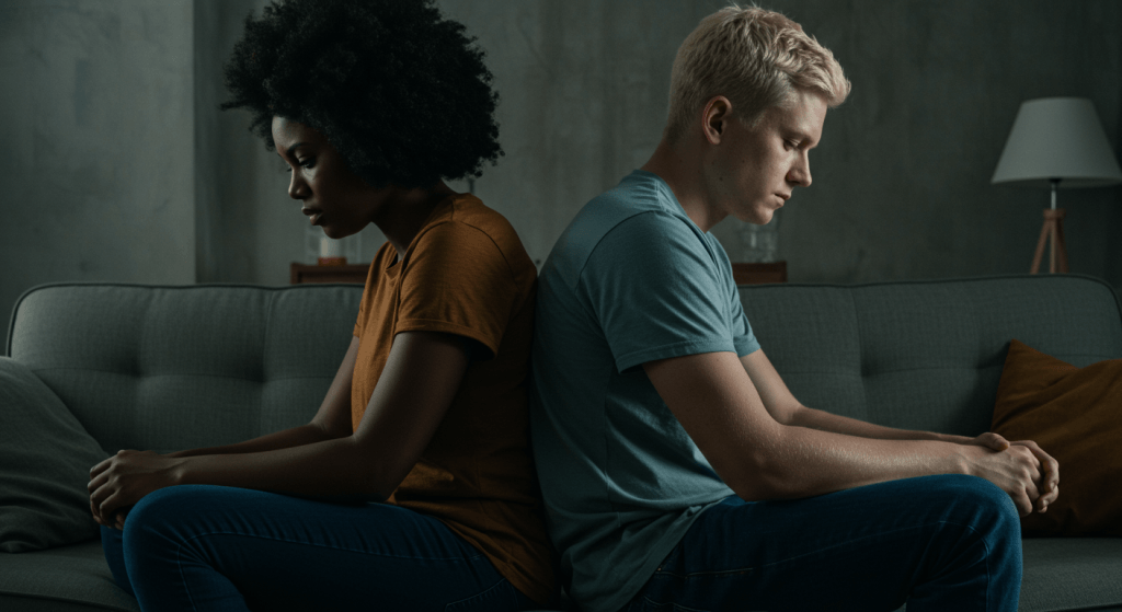 Married couple sitting quietly apart on a couch, showing emotional distance and sullen endurance