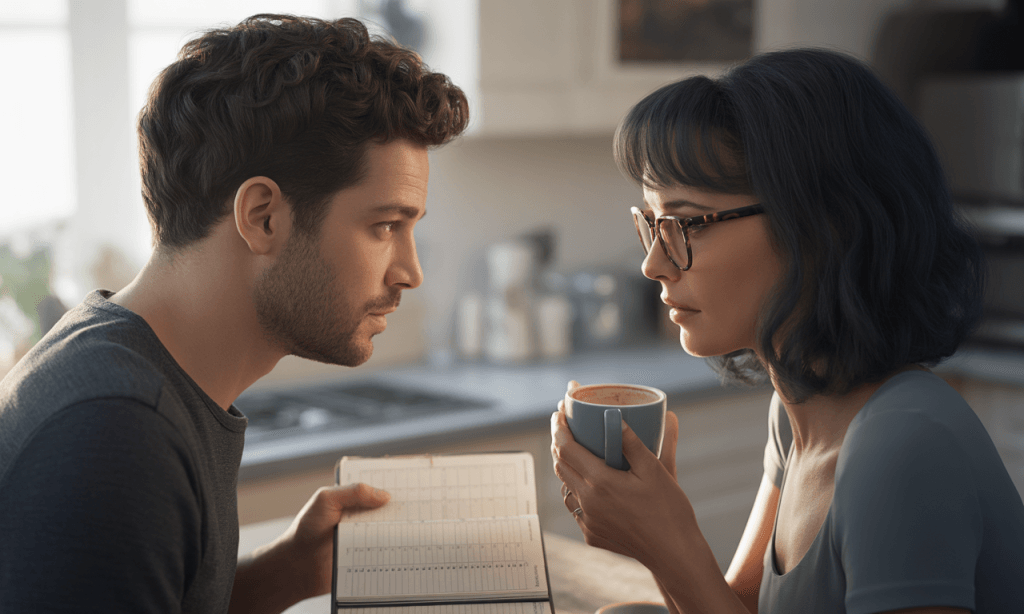 Couple showing tension between planning and spontaneity in marriage.