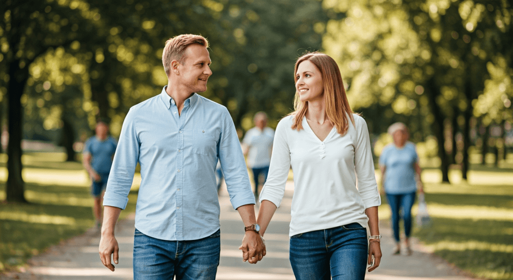 Couple on a path realigning their steps after drifting apart emotionally.