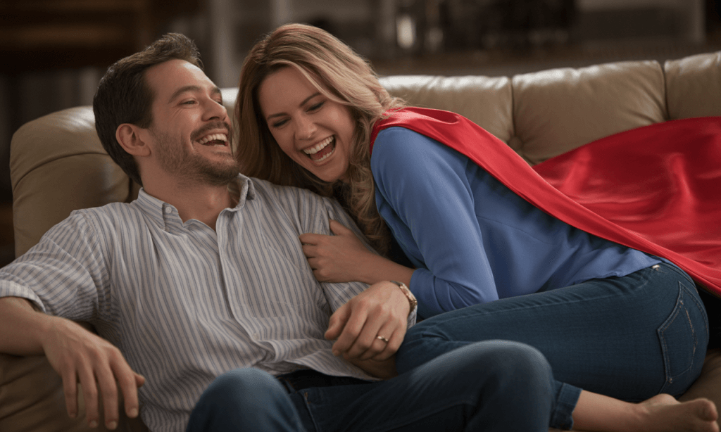 Married partners using playful humor to de-escalate conflict.