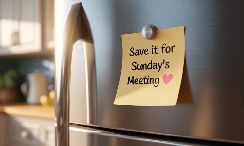 Reminder note encouraging spouses to save bigger decisions for their weekly marriage meeting