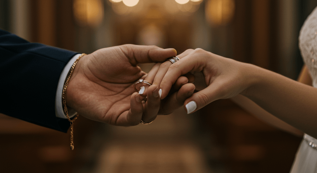 Couple holding rings symbolizing promise and commitment.