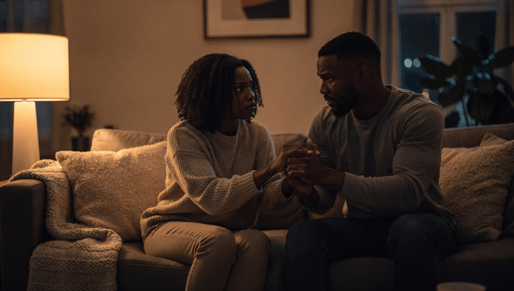 Married couple reaching for each other’s hands during a hard conversation, repairing disconnection as part of connection by design