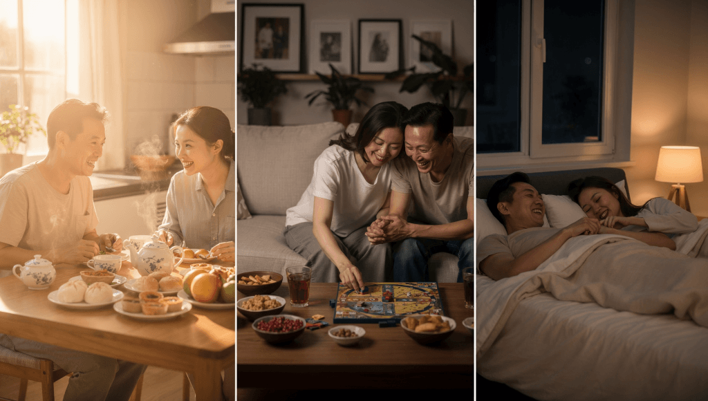 Collage of a couple connecting at breakfast, during a board game, and at bedtime, representing small rhythms that quietly strengthen their marriage
