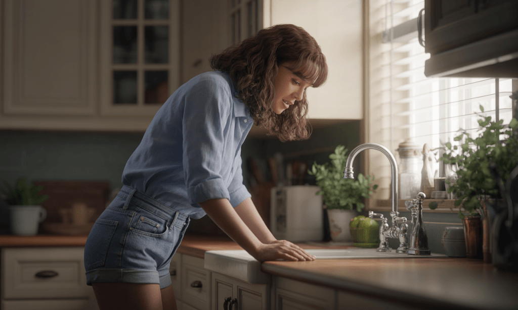 Spouse pausing at a kitchen sink to breathe before responding, modeling Micro-Choices, Massive Impact in a tense moment
