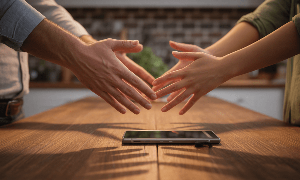 Couple reaching for each other’s hands while a phone lies face down, showing everyday choices to quit being a jerk