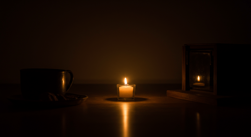 Single candle burning in a dim room, symbolizing small sparks of love that can be broadened even in numb seasons