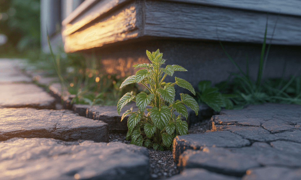 Small green plant emerging from concrete, representing stubborn hope when you’re the only one trying to nurture change in your marriage.