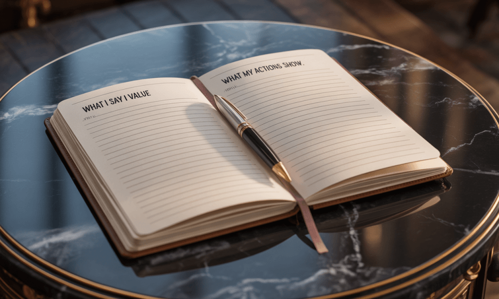 Reflection journal comparing values and actions, revealing the gap Silent Sermons in marriage can create between words and behavior.
