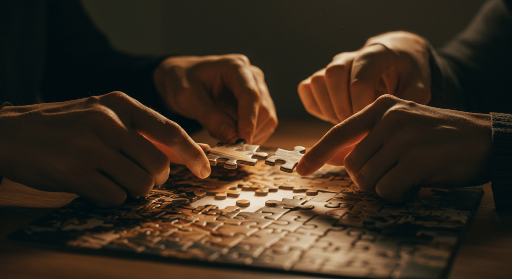 Two hands adding a puzzle piece to a nearly finished section, symbolizing broadening what’s already working in marriage