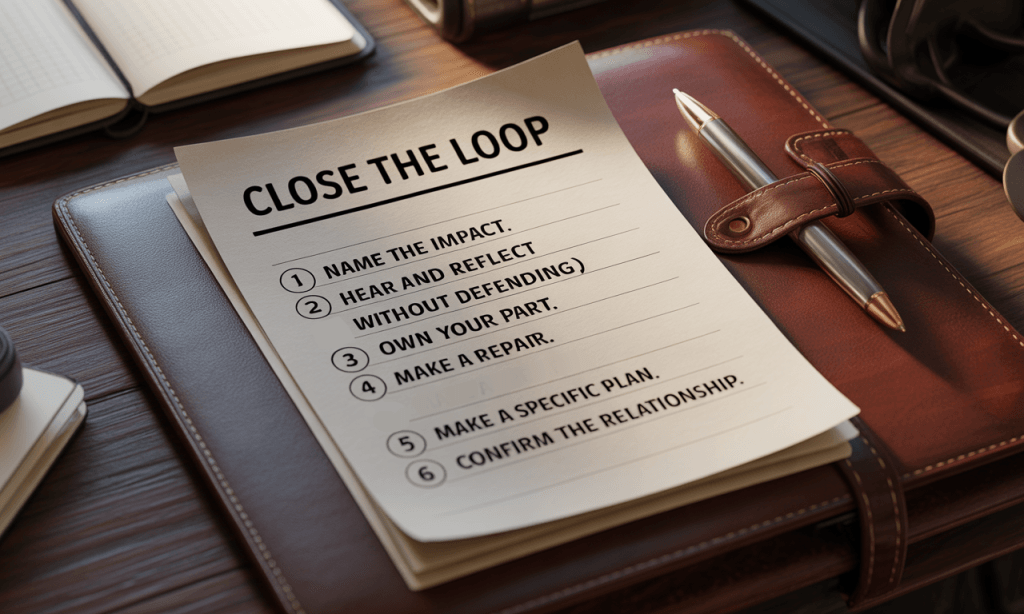 Repair over replay-close the loop after conflict with ownership, apology, and a clear plan.