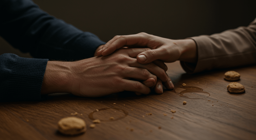Two hands intertwined on a table, with a few crumbs and coffee rings nearby-nothing perfect, just real. Alt text: “Two hands intertwined on a slightly messy table, capturing real-life love built from micro-choices with massive impact